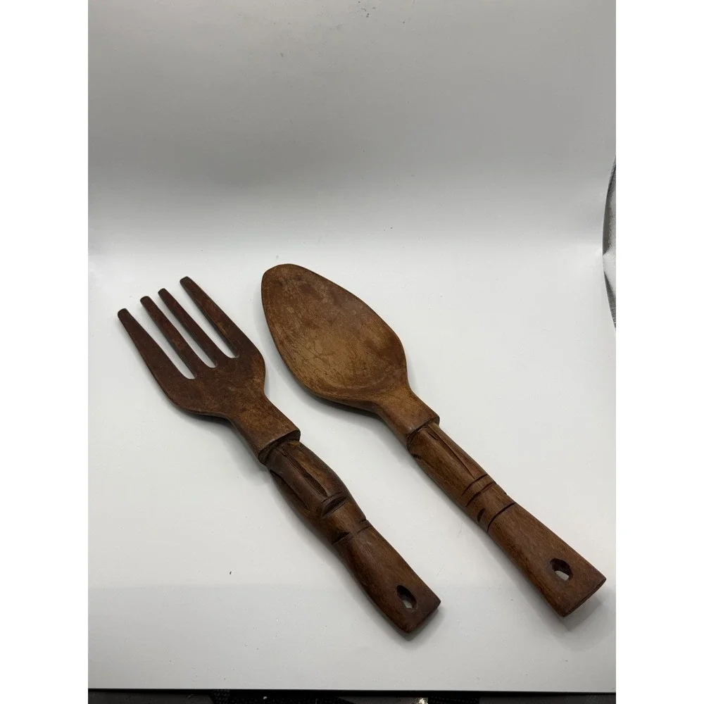Vtg Hand Carved Wood Kitchen Wall Decor Set Fork Spoon Philippines Tribal